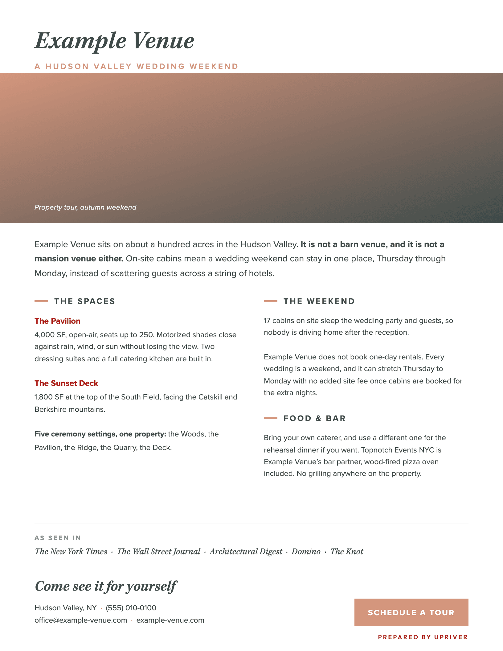 A one-page sales sheet generated from a client's real extracted brand colors, type, and voice