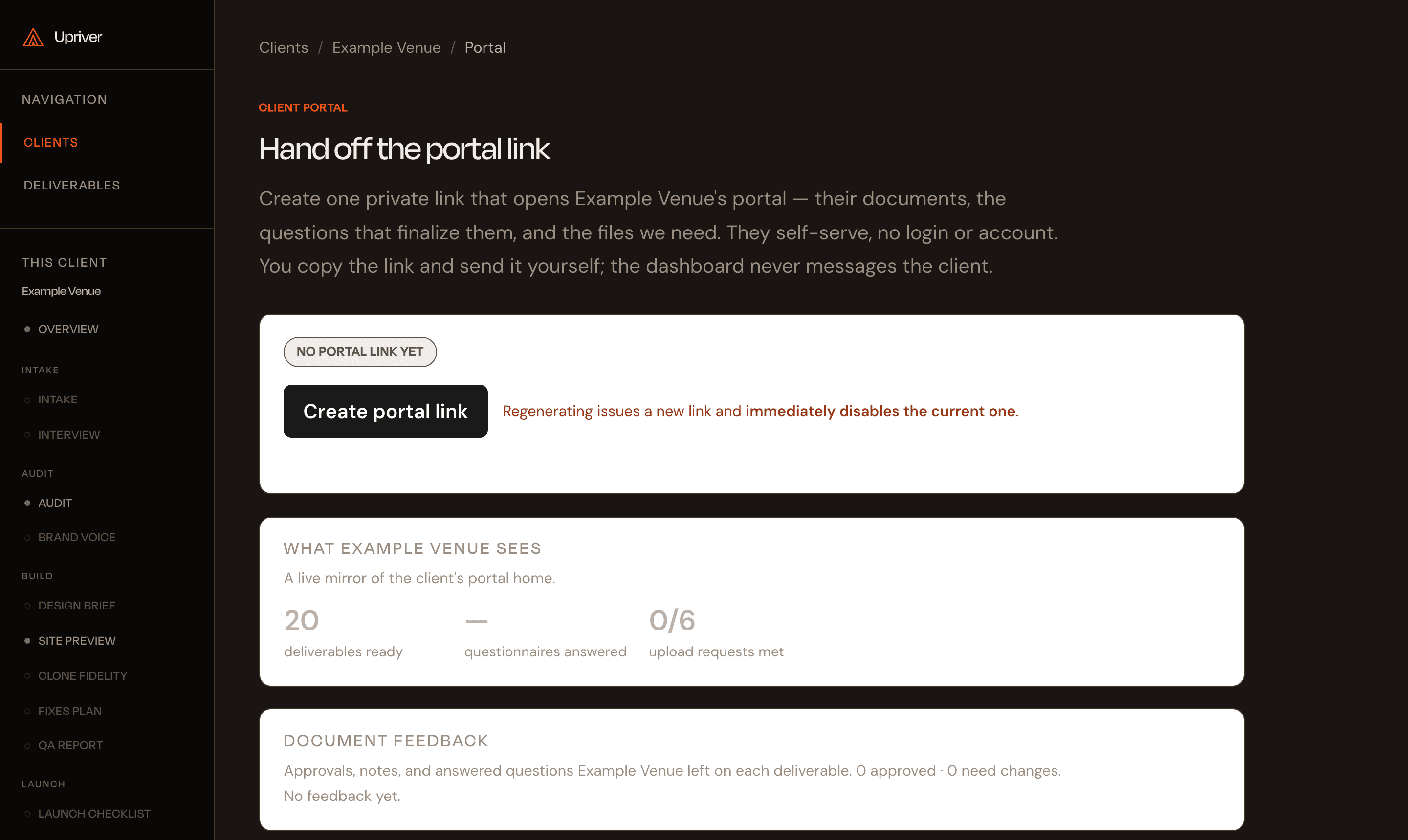 The operator-side admin dashboard, showing a client's portal link, live deliverable counts, and document feedback status